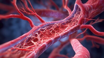 Close examination of human blood vessels reveals a complex network of arteries and veins. This illustration focuses on the intricate details of the cardiovascular system's anatomy and function