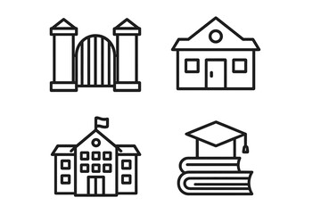 Fototapeta premium Education icons collection featuring school, books, and gate in black and white