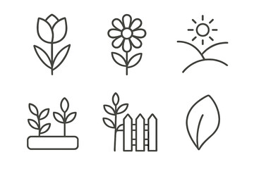 Fototapeta premium Minimalist garden icons: flower, sun, leaf, fence, plant, line art set