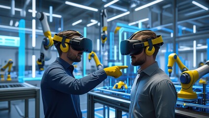 Two men wearing vr headsets in a factory setting with robotic arms and blue lighting elements around