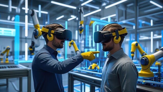 Two men wearing vr headsets in a factory setting with robotic arms and blue lighting elements around