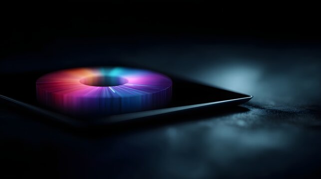 Holographic pie chart floating above a tablet with data analysis lighting