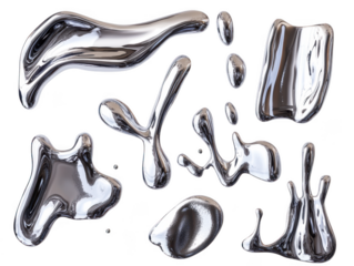 Collection of shiny liquid metal droplets and splashes isolated on transparent background