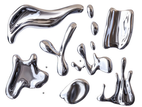 Collection of shiny liquid metal droplets and splashes isolated on transparent background