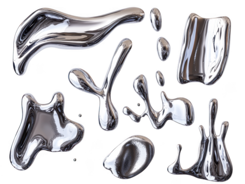 Collection of shiny liquid metal droplets and splashes isolated on transparent background