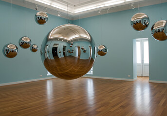 contemporary gallery with floating metallic spheres for abstract art exhibition

