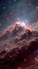 Cosmic mountain range in nebula, star-studded clouds