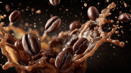 Obraz premium Coffee beans leap from a thick swirl of chocolate, creating an exciting visual display of motion and texture. The rich colors highlight the dynamic interaction of flavors