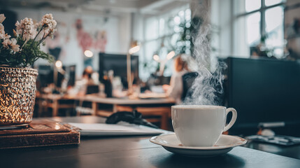 Warm coffee cup on a cozy office desk