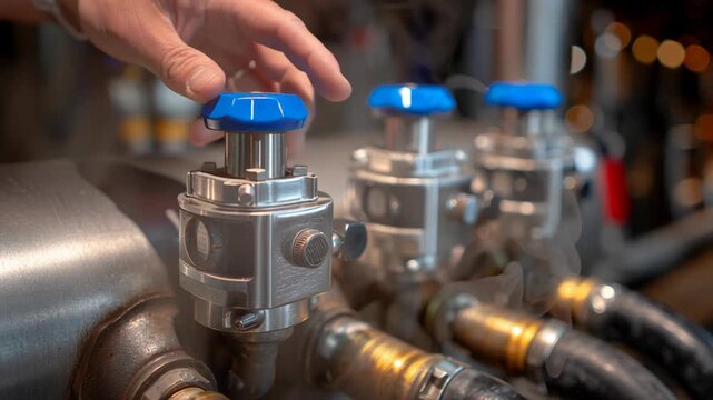 Hand adjusting blue valve industrial steam pipe with metal fittings and valve control with blue handle industrial pipe system