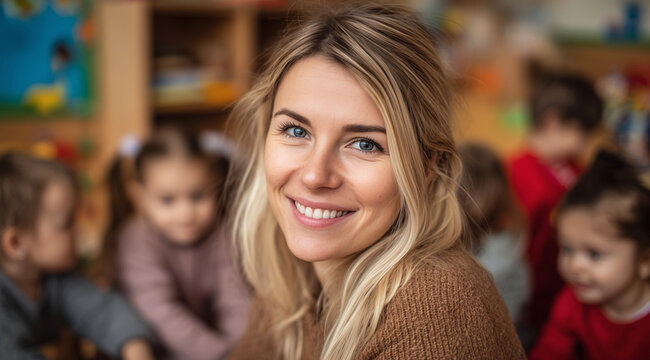 Blonde junge Frau im Kindergarten macht Ausbildung zur Erzieherin
