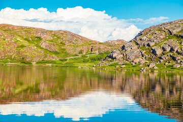 Beautiful northern landscape in the Teriberka Nature Park on the shore of the Barents Sea.
