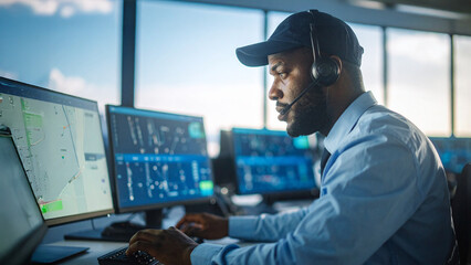 A focused worker in a control room setting is looking at the monitors with various data displayed
