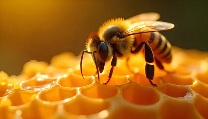 Close-Up of a Bee on Honeycomb &ndash; Stunning Macro Photography of Honey Production