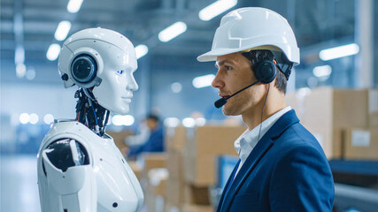 An engineer and robot in a futuristic industrial environment, symbolizing the intersection of technology and human expertise