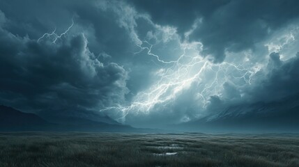 Obraz premium Dramatic Storm With Lightning Illuminating the Dark Sky Over a Vast Grassy Landscape at Dusk