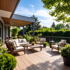 Modern outdoor patio with comfortable seating and lush landscaping