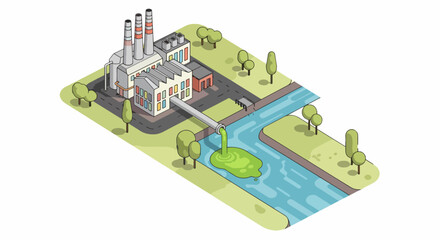 Isometric Vector Illustration of Factory Polluting River Environmental Design Modern Style