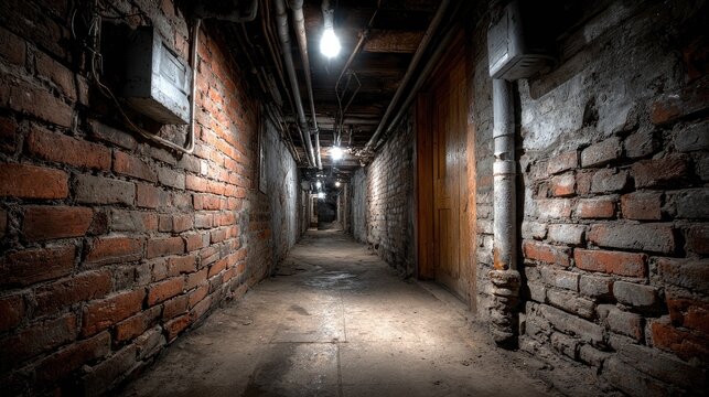 Dark, brick-walled basement hallway