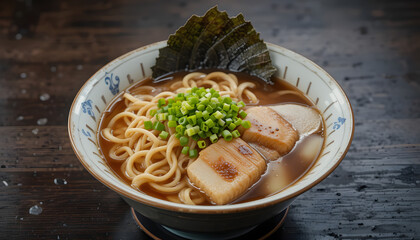 Classic Japanese Shoyu Ramen with Soy-Based Broth, Narutomaki Fish Cake, Bamboo Shoots, and Green Onions