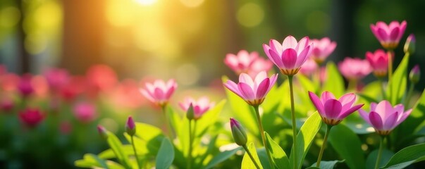 Obraz premium Sunlit garden, bokeh-blurred flowers, cool tones, white, depthoffield