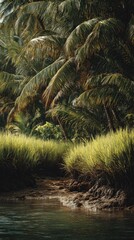 Lush tropical foliage bordering a waterway