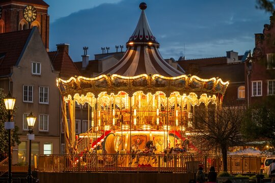 Brighting carousel in Gdansk at night