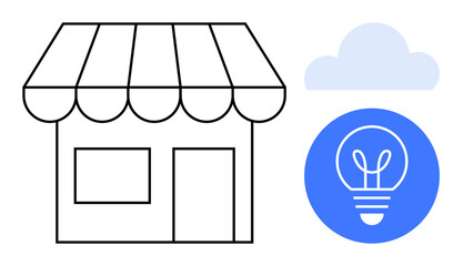 Simplified store front, blue light bulb icon, light cloud suggest small business, innovation, inspiration. Ideal for entrepreneurship, creativity, technology, branding strategy small business