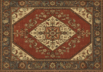 Intricate colorful vector design of a Persian carpet with repeating geometric patterns, vibrant reds, blues, and golds, detailed ethnic clipart, symmetrical Arabic rug elements, flat lay, studio light