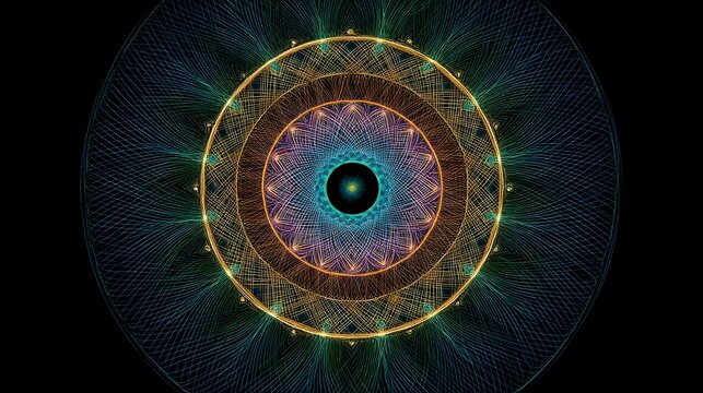 Symmetrical circular mandala design composed of fine geometric lines