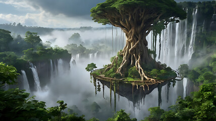 3D floating eco-habitat domes anchored by giant tree roots in the clouds, with waterfalls pouring off the edges into the mist