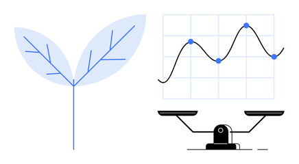 Minimalist leaf symbolizing sustainability, line graph for data analysis, and scale for balance. Ideal for sustainability, growth, environment, analytics, decision-making, balance simple flat