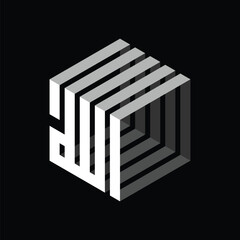 Arabic calligraphy of the name of Allah (God) in cube shape.