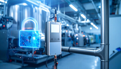 Secured Factory: A technological harmony in an industrial setting, where a digital padlock secures the equipment with cyber security, highlighting data protection