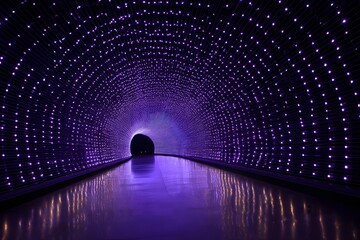 Futuristic grid tunnel illuminated with glowing purple lights