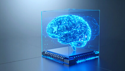 Digital Brain: An illuminated, futuristic digital rendering of a human brain encased in a transparent cube, symbolizing intelligence and technology.