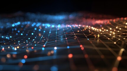 Close-up of mathematical grid with glowing points and connecting lines