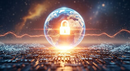 Global cybersecurity concept showing a locked earth with digital connections