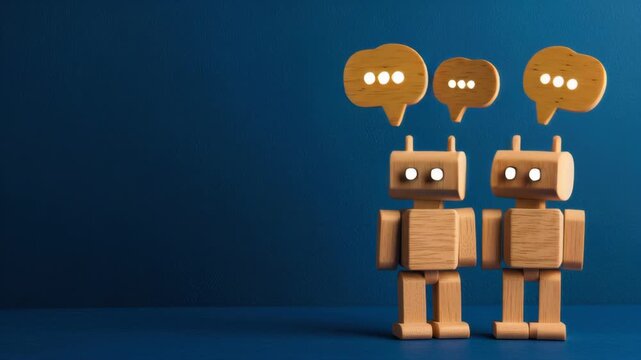 Wooden robot figures with speech bubbles above their heads, representing AI agents talking and brainstorming in a collaborative network.