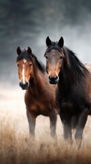 Fototapeta premium Majestic horses standing in a misty meadow during early morning light with soft grass underfoot