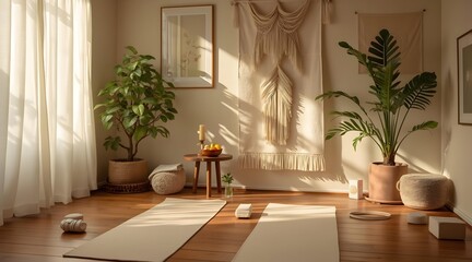 Calm Beige Yoga Studio with Potted Plants and Natural Light