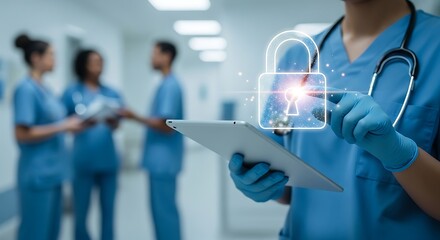 Healthcare professional securing patient data with digital lock on tablet