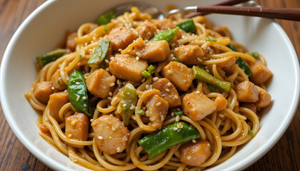 Chinese Lo Mein Stir-Fried with Chicken Strips, Vegetables, and Sesame Seeds in Savory Soy-Garlic Sauce