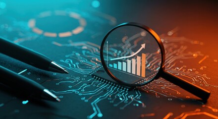 Magnifying Tech Growth: Upward Chart on a Circuit Board with Teal and Orange Light