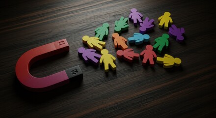 Magnetic Influence: A Red Horseshoe Magnet Pulling Colorful Wooden Figures on a Dark, Textured Surface.