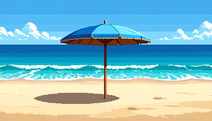 Pixel art sunny tropical beach scene with a colorful parasol and chairs for the perfect relaxing seaside vacation