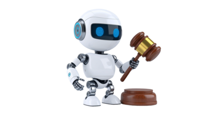 A robot holding a gavel, symbolizing justice and technology integration. The robot with futuristic design