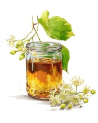 Delicate honey jar surrounded by floral beauty and natural greenery