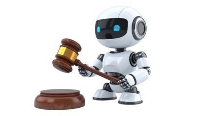 A robotic figure holding a gavel, representing legal tech or automated decisions.