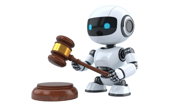 A robotic figure holding a gavel, representing legal tech or automated decisions.